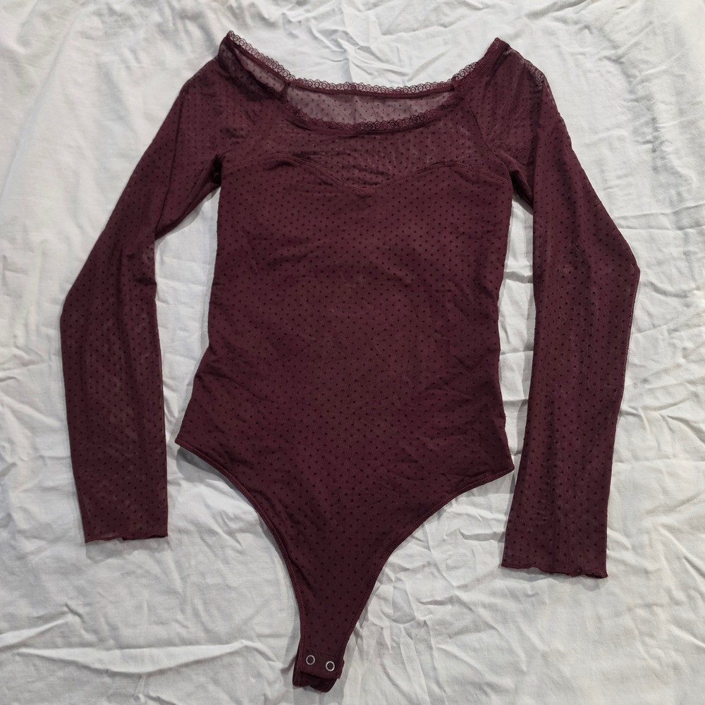 Abercrombie & Fitch Burgundy Swiss Dot Mesh Lace Trim Long Sleeve Bodysuit S